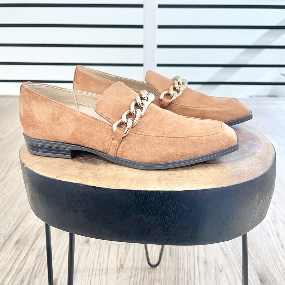 Nine West tan brown with gold chain, flat faux suede, vegan loafers